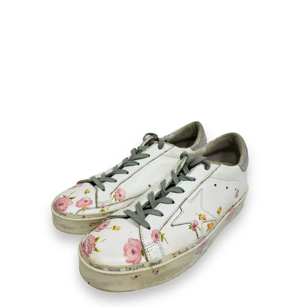 GOLDEN GOOSE White Leather Metallic Hi-Star Floral Print Sneakers Size 40 US 10 - Picture 3 of 8
